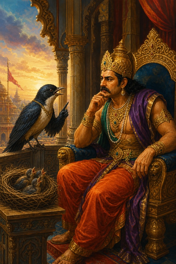 The wise bird Pujani perched in the palace speaking gravely to King Brahmadatta on his throne, a nest of fledglings nearby, tension of broken trust between them.