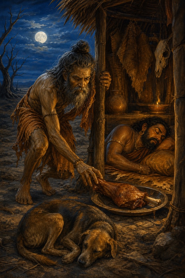 Famine-stricken sage Vishvamitra creeping into a sleeping chandala's hut to seize a haunch of dog-meat for survival, gaunt and desperate under a barren moonlit sky.