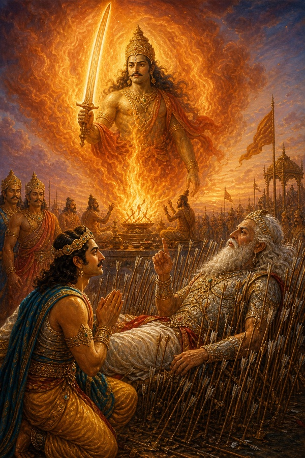 Nakula kneeling at the arrow-bed asking Bhishma the origin of the sword, with a vision of the first blazing sword arising from sacrificial fire as a fierce being.
