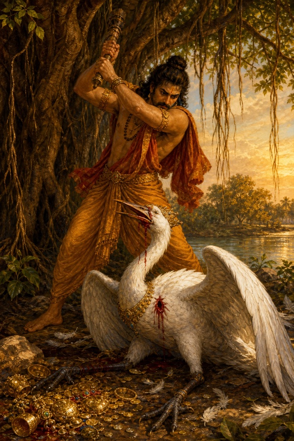 The treacherous Gautama beneath a great banyan tree striking down the kindly crane-king Rajadharma who had sheltered him, gold scattered at his feet.