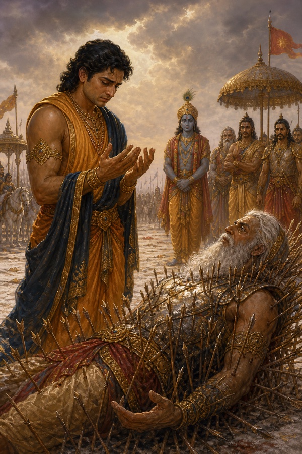 कुरुक्षेत्र में बाणों की शय्या पर लेटे भीष्म के पास शोकमग्न युधिष्ठिर खड़े हैं, पीछे श्रीकृष्ण और योद्धा।