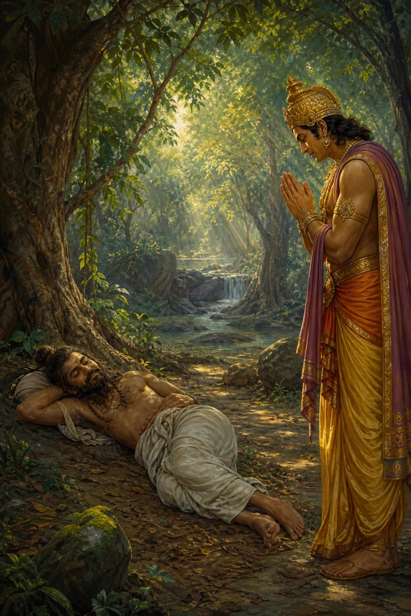 वन में लेटे निश्चिंत तपस्वी के सामने मुकुटधारी राजा हाथ जोड़े खड़े हैं, पीछे झरना बहता है।