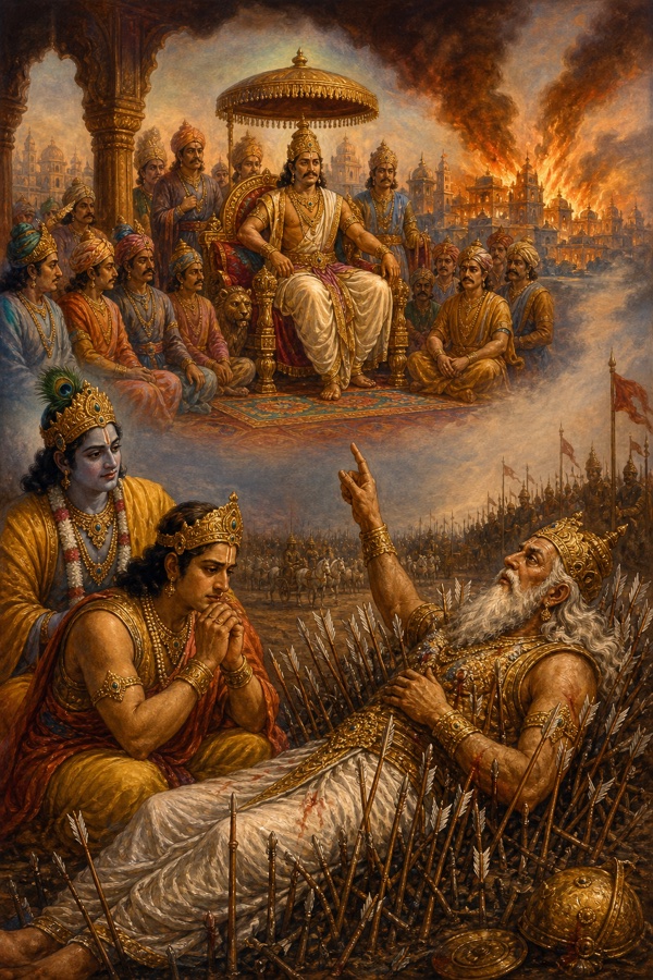 ऊपर बादलों में सिंहासनासीन राजा की सभा और जलता नगर दिखता है, नीचे भीष्म युधिष्ठिर को समझाते हैं।