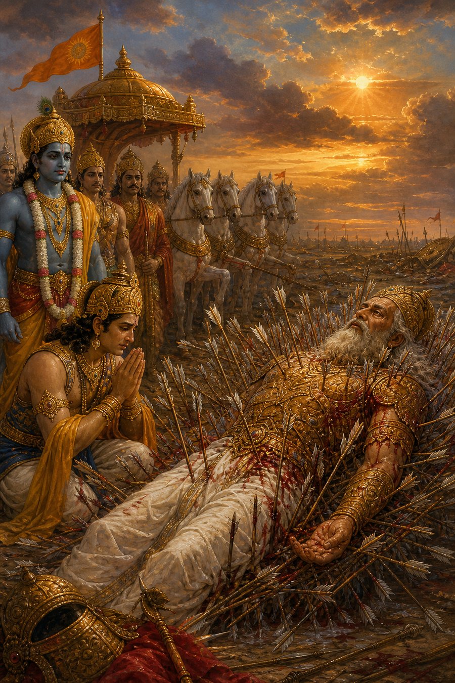 डूबते सूरज के नीचे युधिष्ठिर हाथ जोड़े बाण-शय्या पर लेटे भीष्म के पास बैठे हैं, पीछे श्रीकृष्ण और श्वेत अश्व।