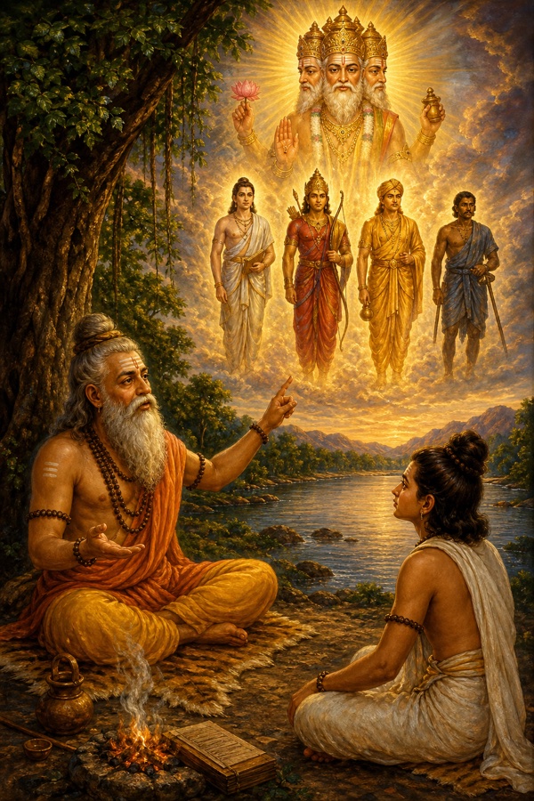 Sage Bhrigu seated under a tree teaching the younger sage Bharadvaja on the riverbank, gesturing toward four-coloured human figures emerging from a radiant Brahma in the sky as the four varnas take form.