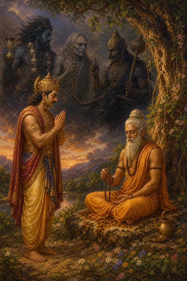King Ikshvaku standing reverently before a serene japa-reciting Brahmin under a tree, while ghostly forms of Kala, Mrityu and Yama hover at the edge of the grove debating fate.