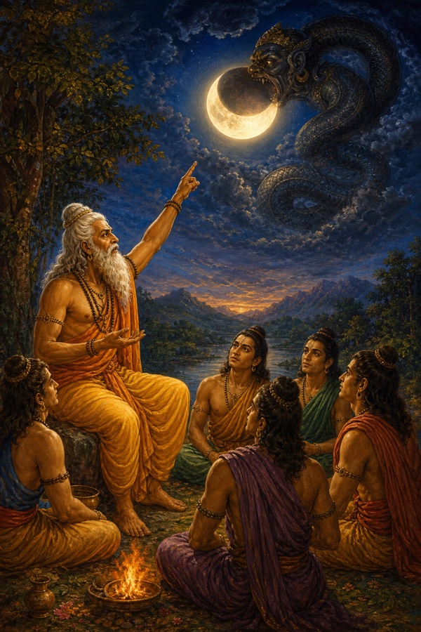 Manu instructing seekers, pointing skyward where the dark serpent-demon Rahu swallows the luminous full moon, illustrating how the eclipsed-but-untouched moon mirrors the soul.