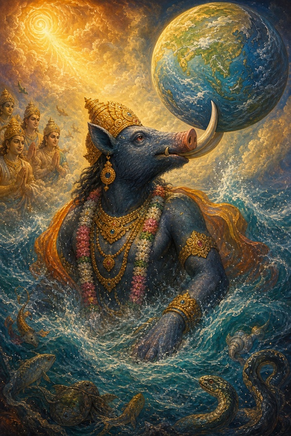 The mighty Varaha (boar incarnation of Vishnu) rising from the cosmic ocean with the round earth balanced on his tusk, lotus-eyed and radiant against churning waters.