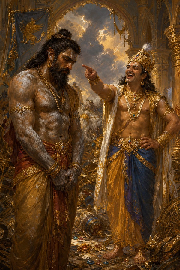 The fallen demon-king Bali, humbled and ash-smeared, standing calm before a laughing, hissing Indra who taunts him over his lost fortune, in a ruined hall.