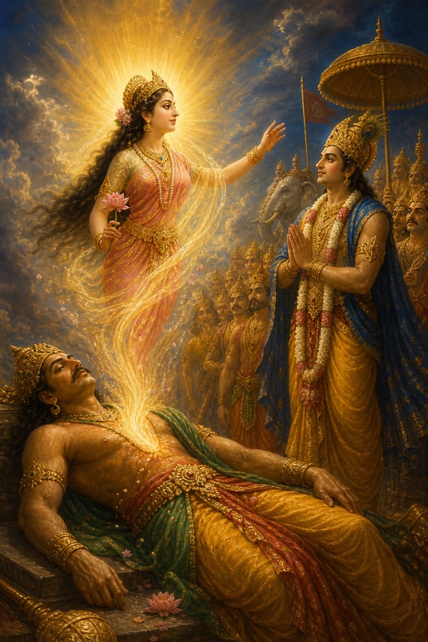 The radiant goddess Shri (Lakshmi) as a luminous woman departing the body of the dethroned Bali and stepping toward the watching thousand-eyed Indra.