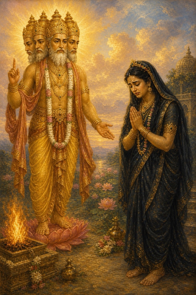 Brahma standing before the reluctant goddess Mrityu (Death) personified as a weeping dark woman with folded hands, refusing her terrible task, lotus and fire nearby.