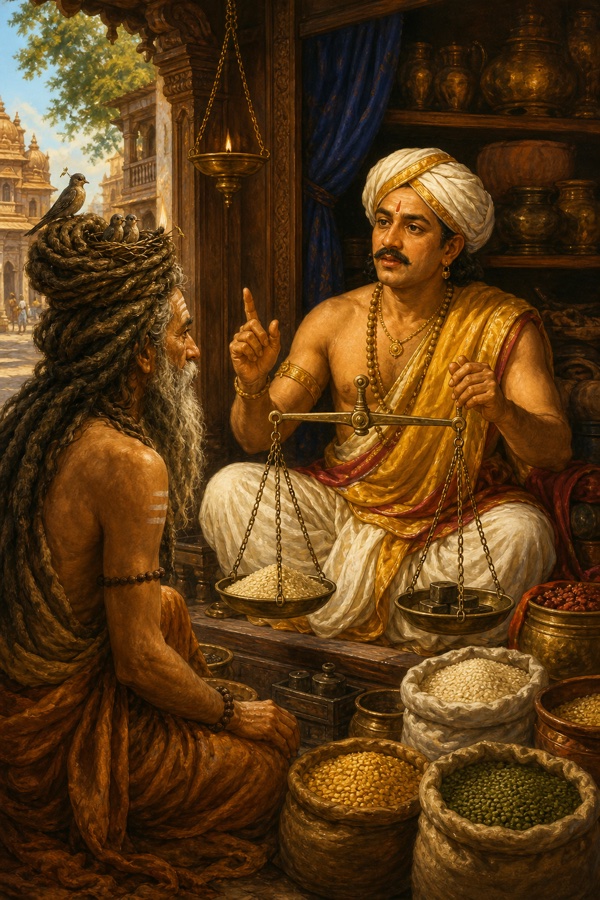 The merchant Tuladhara holding a balance-scale in his shop teaching dharma to the ascetic Jajali, who once stood so still that birds nested in his matted hair.
