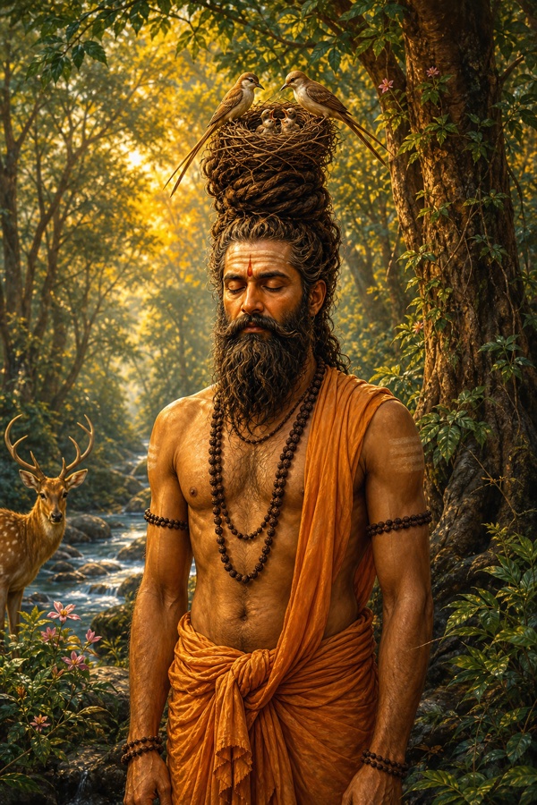 Ascetic Jajali standing motionless in the forest with a pair of birds nesting and raising chicks in his tall matted-hair crown as witnesses to his patience.