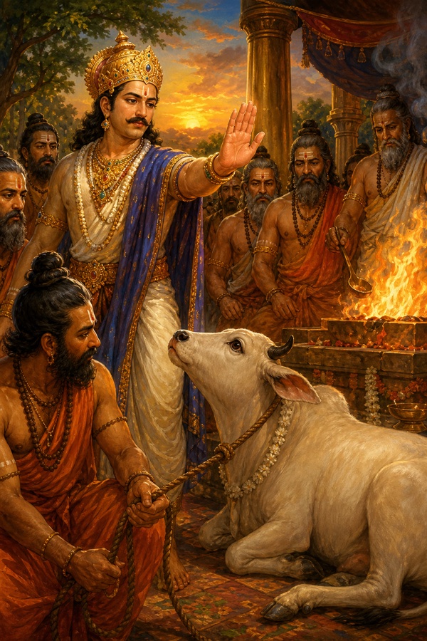 King Vichakhnu at a sacrificial altar raising his hand in compassion to halt the slaughter of a tethered cow, priests and fire around him, the cow gazing up.