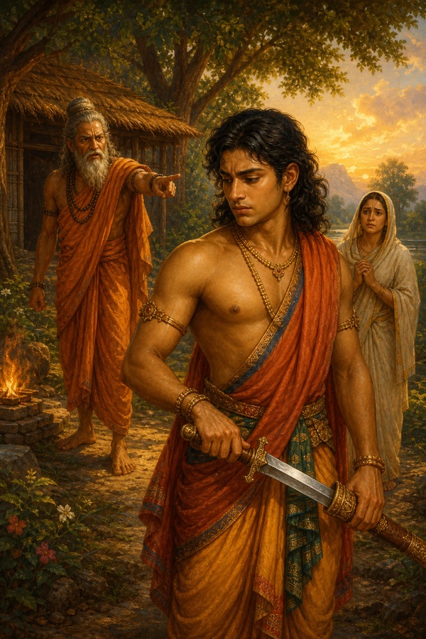 The youth Chirakari standing pensively with sword half-drawn, hesitating to obey his father Gautama's order to kill his mother, who waits nearby in the hermitage.