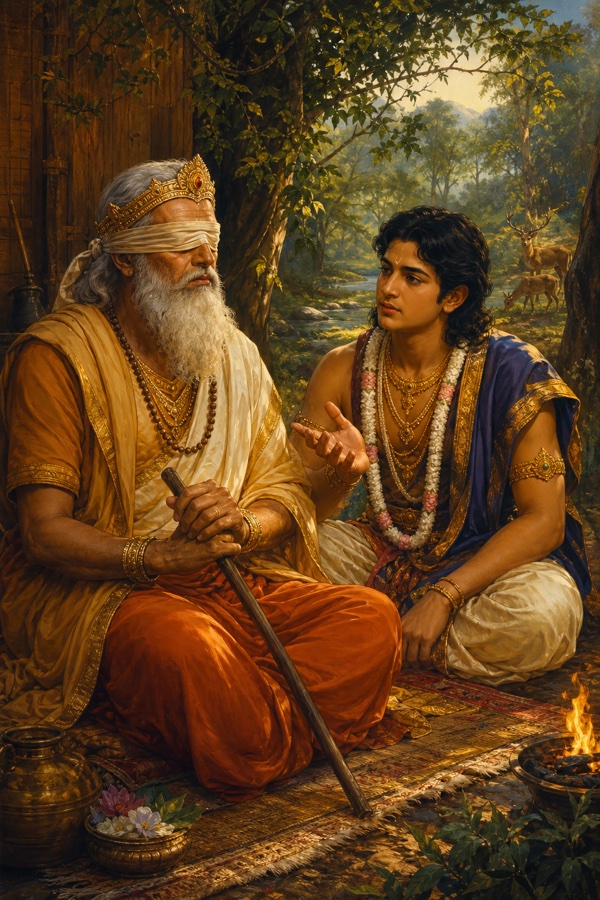 Blind old king Dyumatsena seated with his noble son Satyavan in a forest hermitage, the youth counselling his father on protecting subjects without harm.