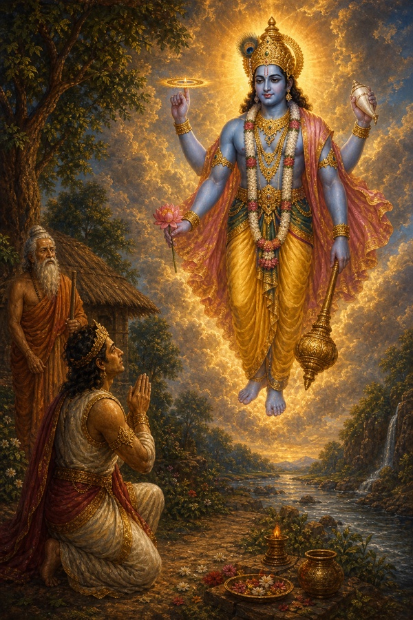 The poor devotee Kundadhara kneeling in worship before the cloud-deity Kundadhara who grants him not riches but the gift of dharma, a humble Brahmin watching.