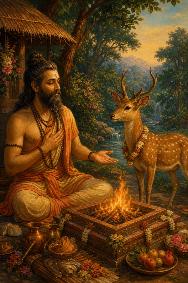 The Brahmin named Satya in his forest hermitage, with the god Dharma appeared as a gentle spotted deer beside the altar of a bloodless sacrifice.