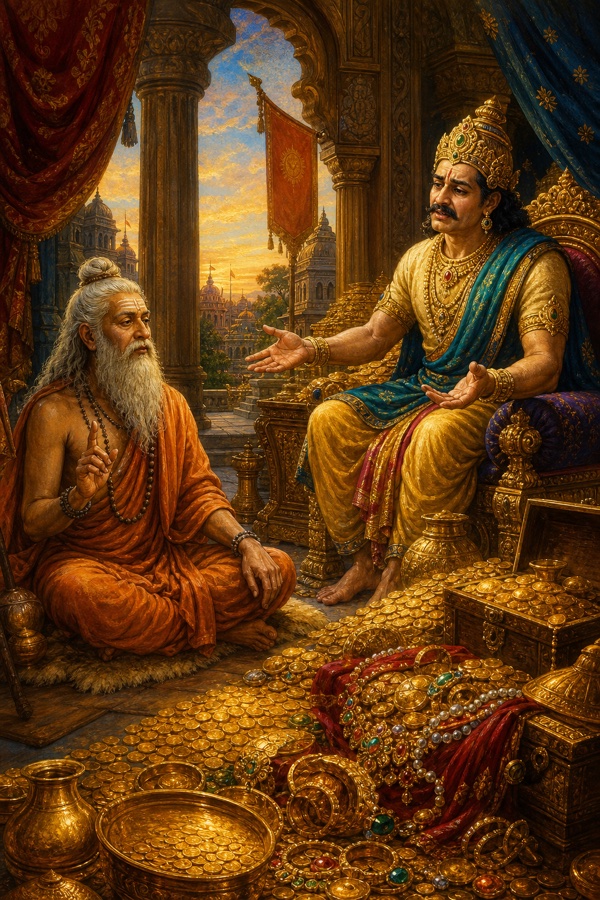 The serene sage Mandavya seated before the king of Videha, calmly teaching contentment as the king gestures at piles of gold he cannot enjoy.