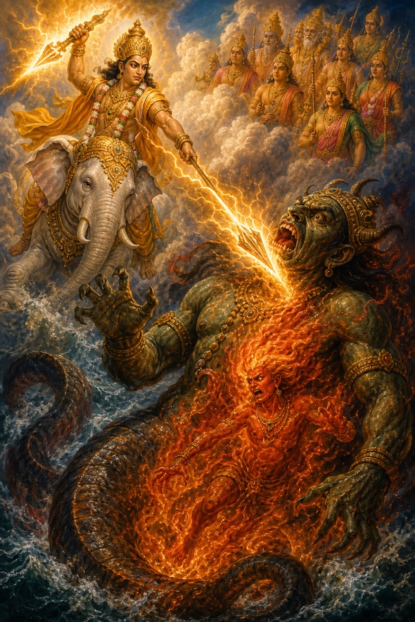Indra hurling the blazing thunderbolt Vajra at the colossal demon Vritra as the burning Fever (Jvara) erupts from the fallen foe, gods watching from clouds.