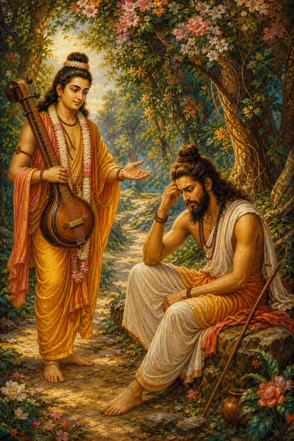 The wandering sage Narada with vina meeting the troubled sage Galava on a forest path, counselling the doubt-ridden seeker beneath flowering trees.