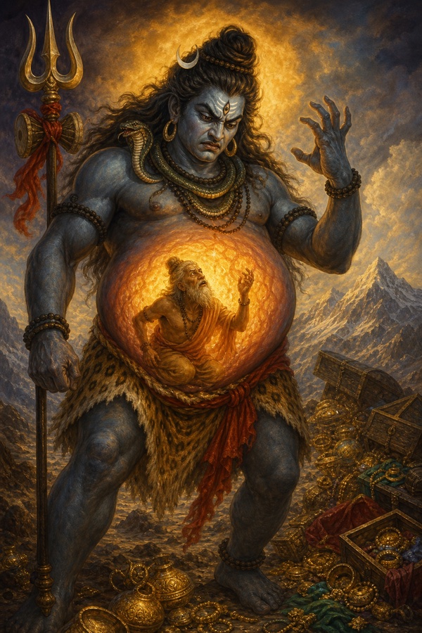 Sage Ushanas (Shukra) swallowed and dwelling inside the glowing belly of the angry three-eyed Mahadeva, seeking his way out, Kubera's treasure scattered nearby.