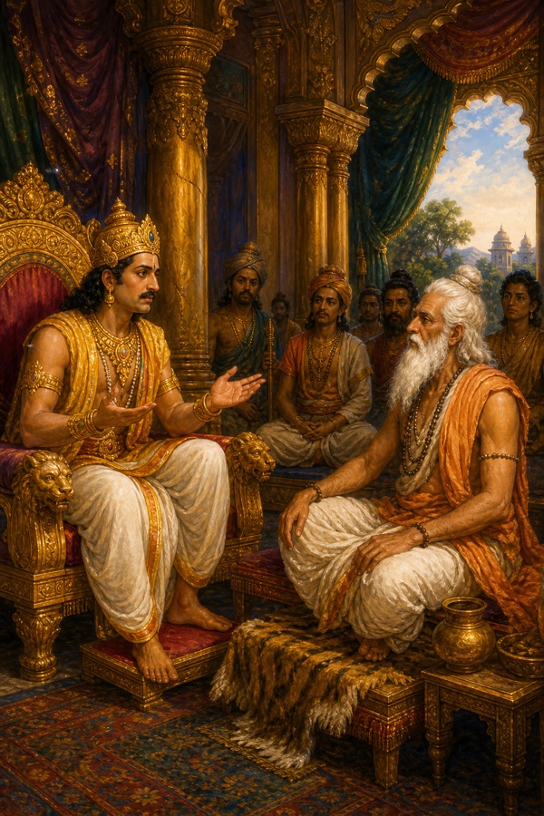 King Janaka of Mithila seated in his court humbly questioning the white-bearded sage Vasishtha about the bond of Prakriti and Purusha, attendants listening.