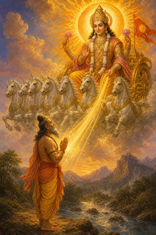 Sage Yajnavalkya standing with folded hands before the blazing Sun-god Surya in the sky, receiving the Yajurveda as golden light pours down upon him.