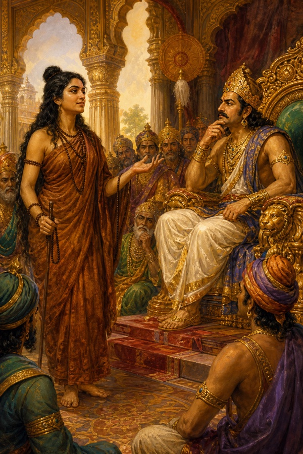 The mendicant woman-ascetic Sulabha standing composed and unabashed in King Janaka's court, answering his sharp words with calm authority before courtiers.
