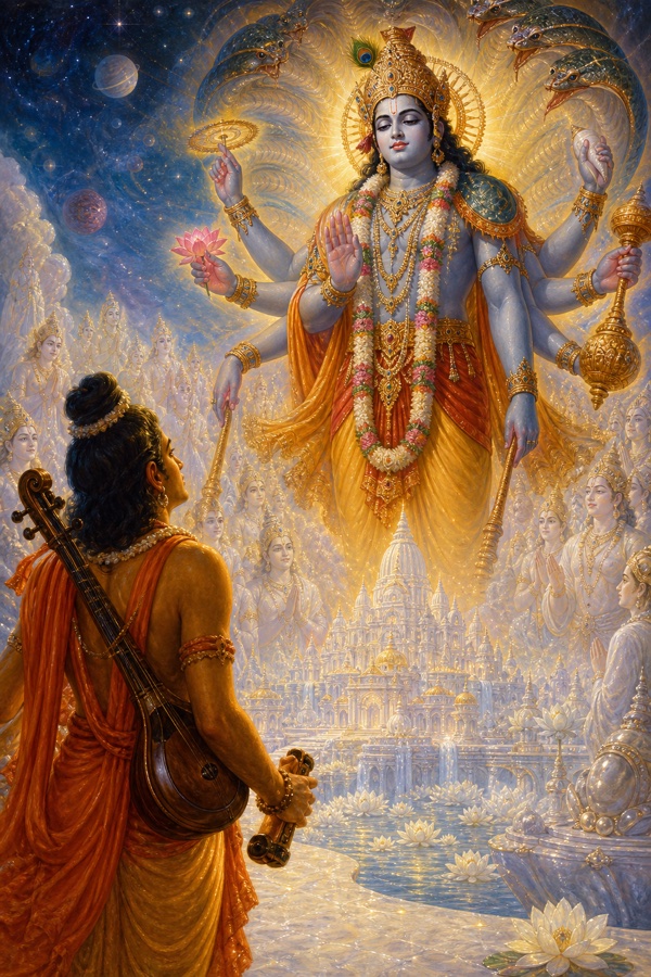 Sage Narada on the radiant White Island (Shvetadvipa) gazing in awe at the towering cosmic Vishvarupa of Narayana surrounded by glowing white devotee-beings.