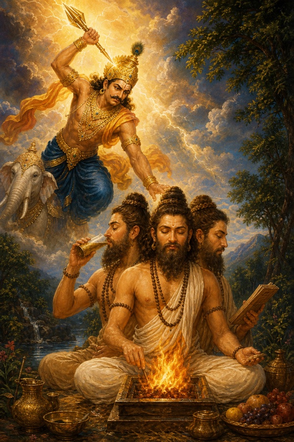 Indra striking down the three-headed priest Trishiras (Vishvarupa), son of Tvashta, who sits in meditation with three faces drinking soma, fire and reciting Vedas.
