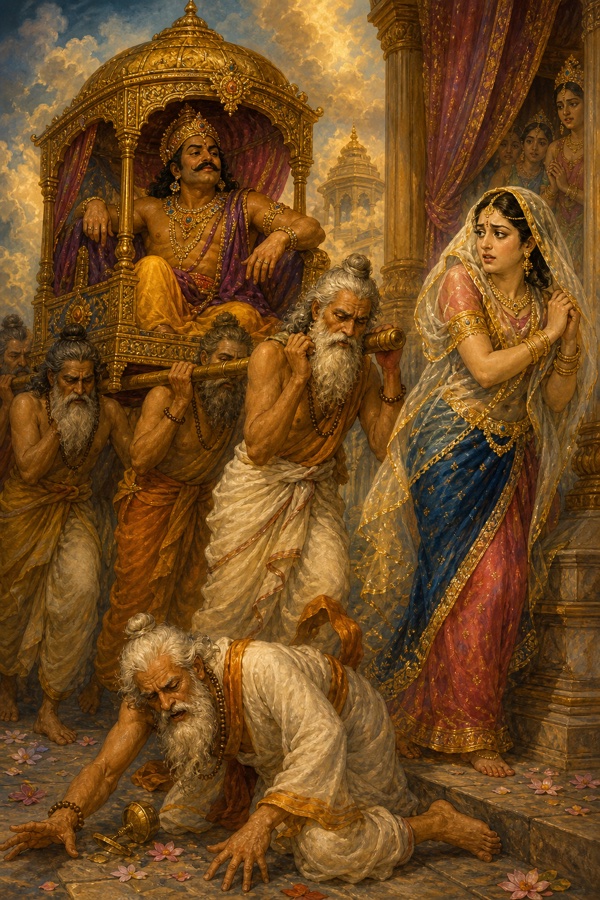 The arrogant king Nahusha carried on a palanquin borne by sages toward Indra's queen Shachi, who shrinks back protected, while a sage stumbles beneath the litter.