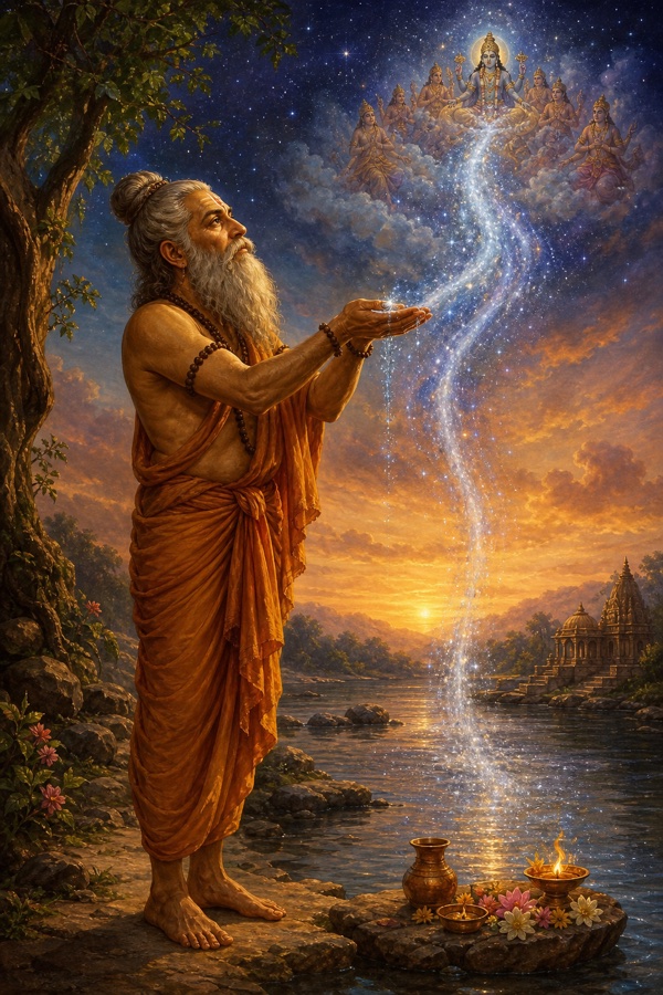 Sage Bharadvaja standing in worship on the bank of the celestial Ganga at dawn, the river of stars flowing down from heaven as he offers cupped-hand oblations.
