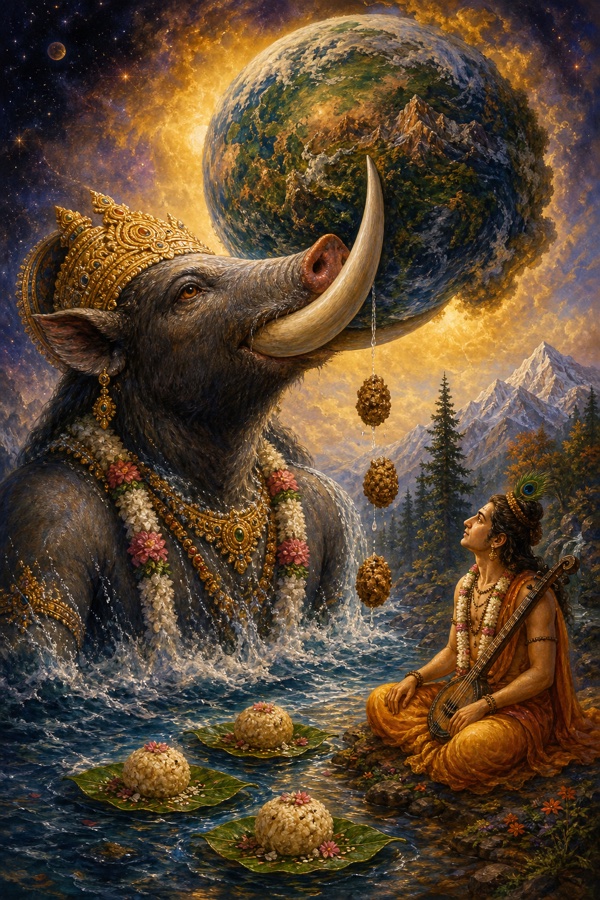 The cosmic Varaha lifting earth on his tusk, three clods of clay falling from the boar's fang and becoming the ancestral pinda-offerings as Narada watches at Badari.