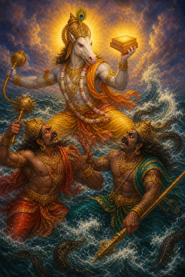 The horse-headed Hayashiras form of Vishnu battling the demons Madhu and Kaitabha in the cosmic ocean and retrieving the stolen Vedas as glowing books.