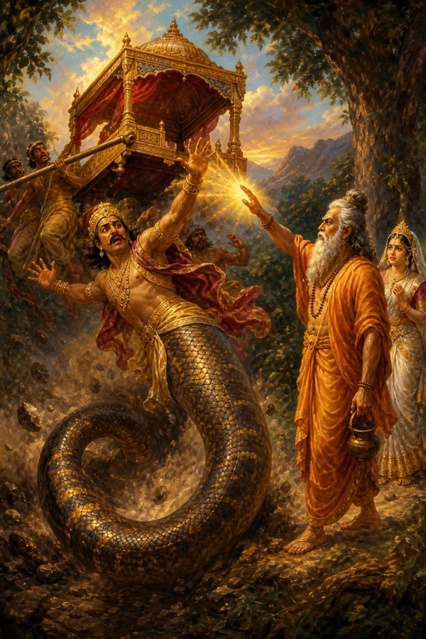 Sage Agastya cursing the proud Nahusha, who tumbles from his sage-borne palanquin and transforms into a great serpent falling to earth, Shachi safe nearby.