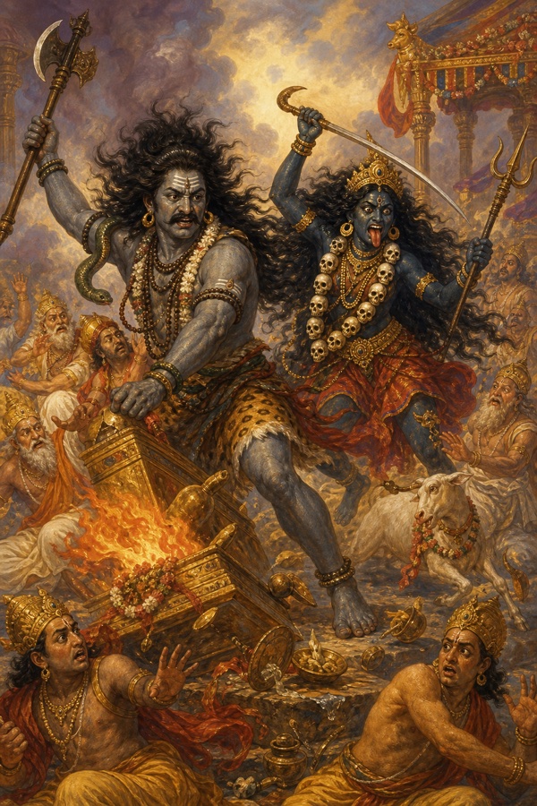 The fierce Virabhadra and dark goddess Bhadrakali storming Daksha's horse-sacrifice, overturning the fire-altar and scattering terrified gods and priests.