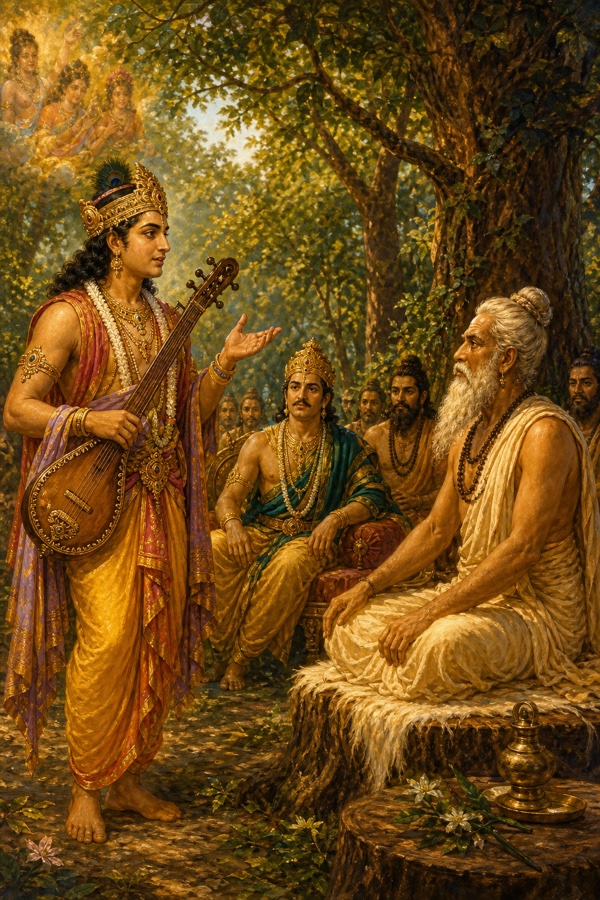 The celestial gandharva Vishvavasu, lute in hand, posing his questions to sage Yajnavalkya in a forest court while Janaka listens, about Prakriti and Purusha.