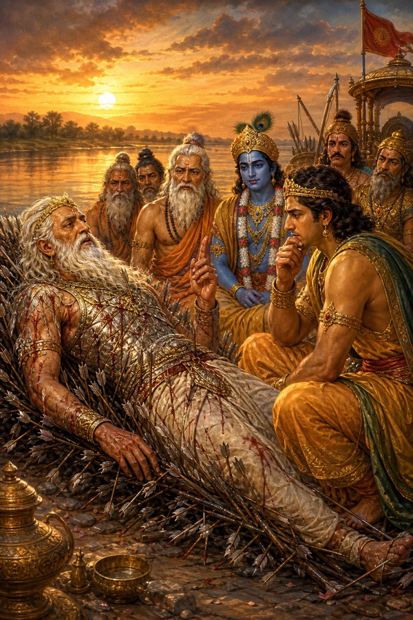 शरशय्या पर घायल भीष्म उंगली उठाकर उपदेश देते, पास बैठे कृष्ण, ऋषि और चिंतित युधिष्ठिर सुनते।