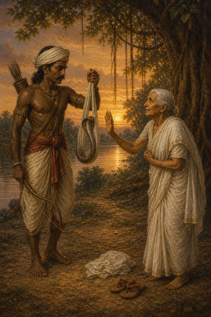 बहेलिया कपड़े में लिपटा नाग दिखाता, वृद्धा गौतमी हाथ उठाकर उसे मारने से मना करती हैं।
