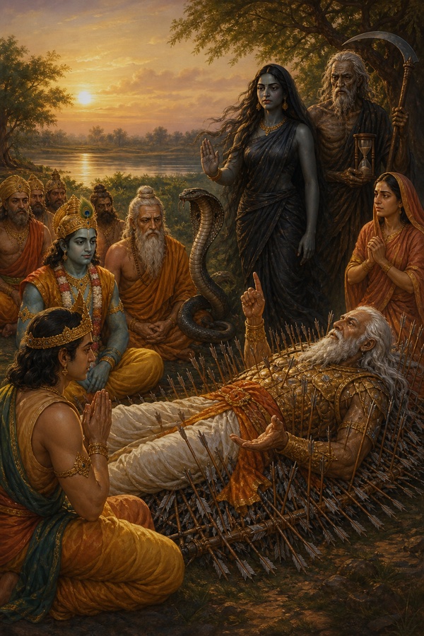 भीष्म की कथा में काल, मृत्यु, नाग और शोकाकुल गौतमी प्रकट, शरशय्या के पास कृष्ण और युधिष्ठिर बैठे।