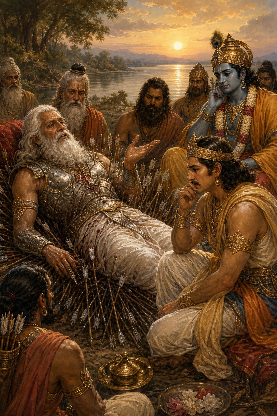 घायल भीष्म हाथ उठाकर धर्म की बातें समझाते, पास बैठे कृष्ण और युधिष्ठिर गंभीर होकर सुनते।