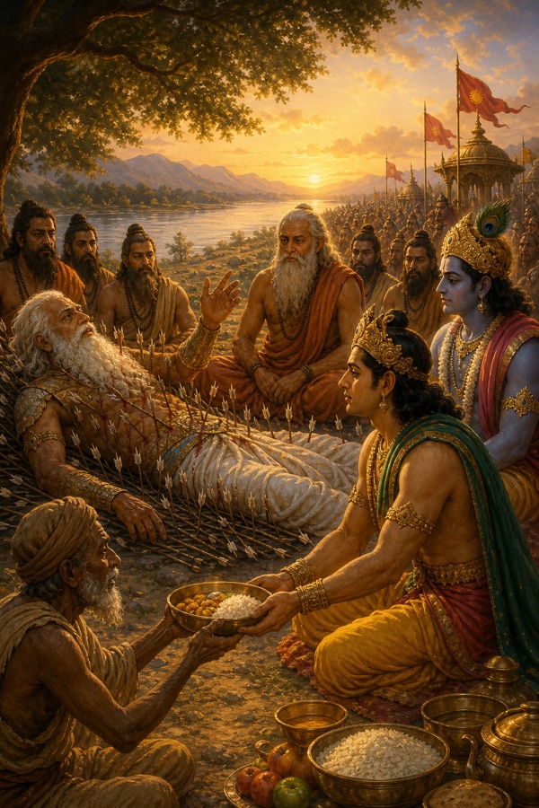 भीष्म की शय्या के पास युधिष्ठिर वृद्ध याचक को अन्न से भरा पात्र दान करते, कृष्ण देखते।