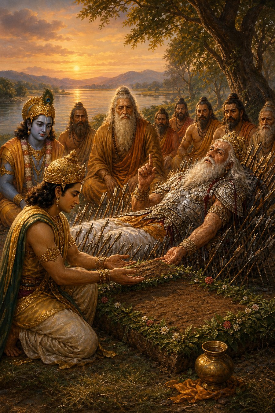 भीष्म भूमि दान का उपदेश देते, युधिष्ठिर अंजलि में मिट्टी उठाए फूलों से घिरी भूमि के पास बैठे।