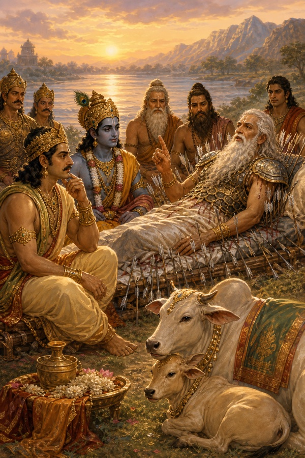 भीष्म गोदान की महिमा सुनाते, सामने अलंकृत गाय और बछड़ा, पास युधिष्ठिर और कृष्ण ध्यान से सुनते।
