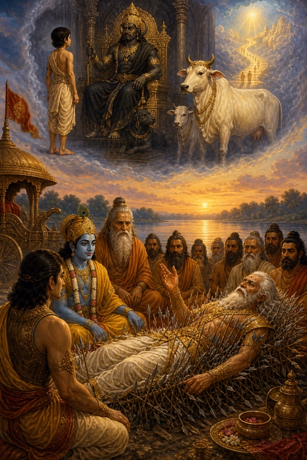 भीष्म की कथा के दिव्य दृश्य में बालक नचिकेता यम के दरबार में खड़ा, पास दिव्य गौएं दिखतीं।