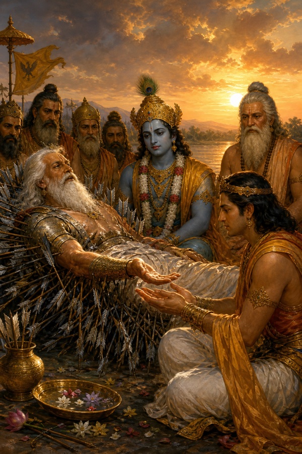 भीष्म अपना हाथ बढ़ाते और युधिष्ठिर अंजलि फैलाकर आशीर्वाद लेते, बीच में कृष्ण शांत बैठे।