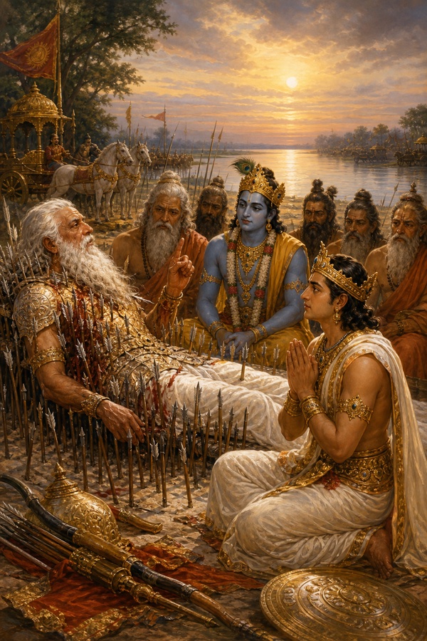 युधिष्ठिर हाथ जोड़कर भीष्म से अंतिम उपदेश ग्रहण करते, साथ बैठे कृष्ण, तट पर रथ और सेना।