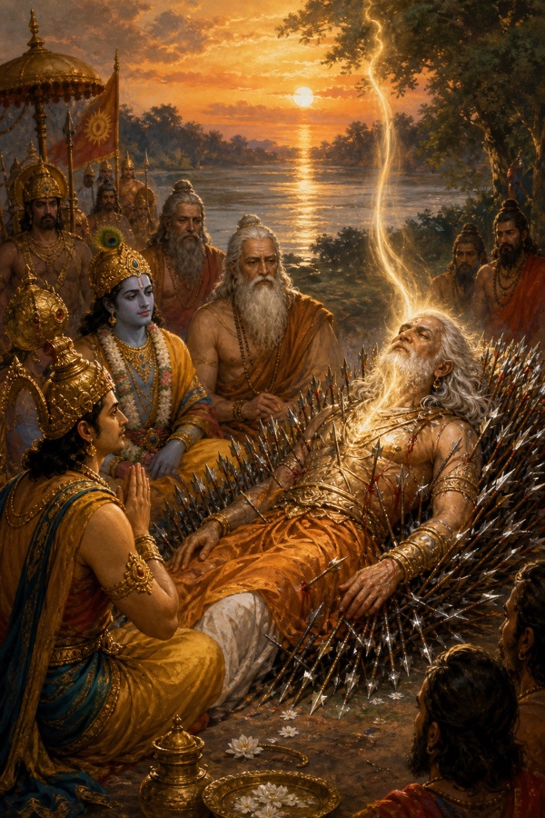 भीष्म के देह से तेज की धारा आकाश की ओर उठती, पास हाथ जोड़े युधिष्ठिर और कृष्ण बैठे।