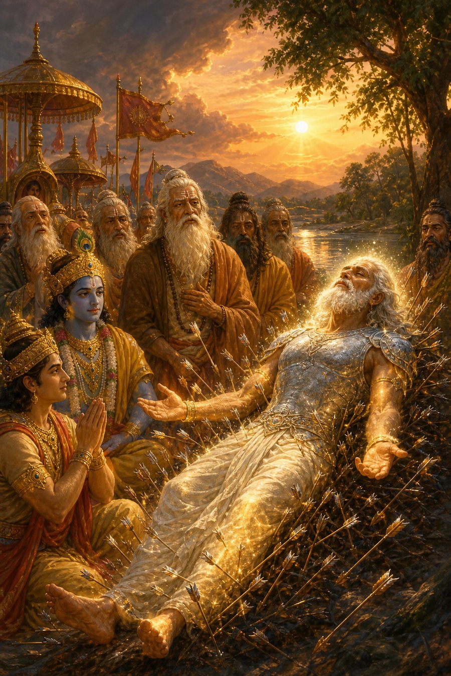 दिव्य प्रकाश में नहाए भीष्म शरशय्या पर बांहें खोले लेटे, चारों ओर शोकमग्न परिजन और ऋषि खड़े।